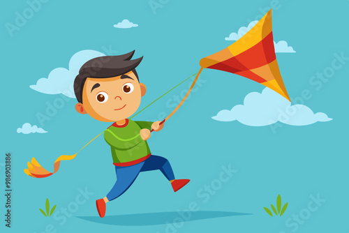 A boy flying a kite on a windy day with blue sky colorful vector illustration