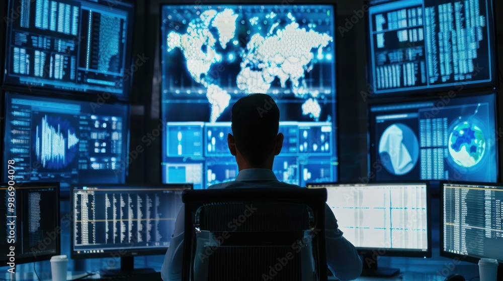 A cybersecurity specialist monitoring threats and securing systems, with multiple screens displaying security data. A cybersecurity specialist monitoring threats and securing systems, with multiple screens displaying security data.