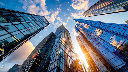 Wallpaper Mural Low angle view of skyscrapers reaching for sky against backdrop of clouds and golden sunset for urban architecture towering structures and dramatic cityscape concept. Torontodigital.ca
