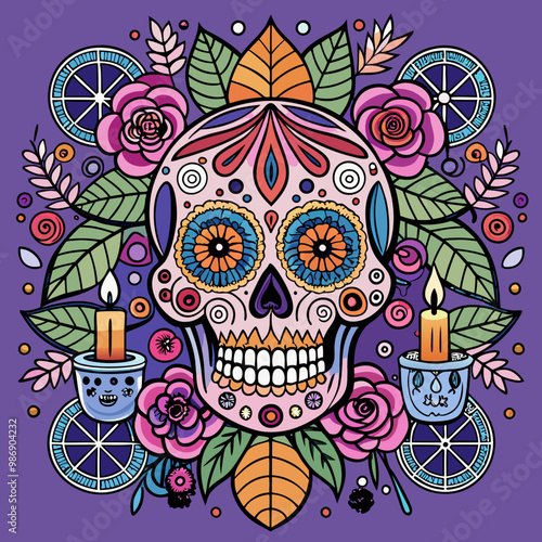 A detailed sugar skull decorated with intricate patterns, paired with roses, marigolds, and candles. Add subtle Halloween elements like spiderwebs or small bats.