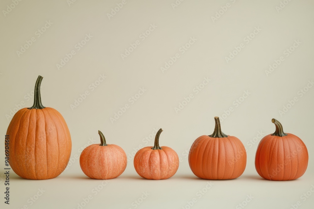 Five Orange Pumpkins of Varying Sizes on a Light Beige Background