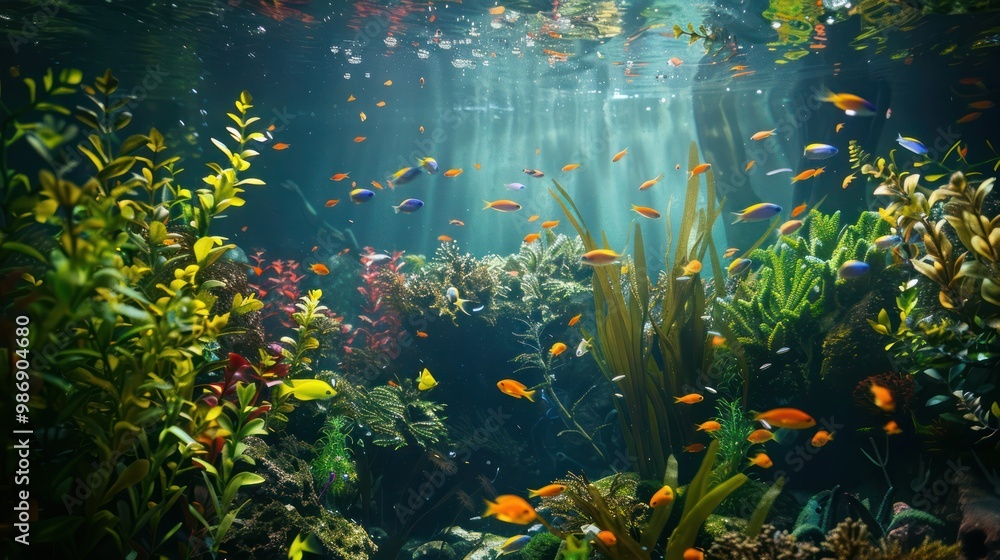A diverse underwater habitat with various species of fish, plants, and corals creating a bustling ecosystem. A diverse underwater habitat with various species of fish, plants, and corals creating a bustling ecosystem.