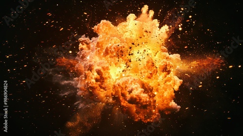 A dramatic fireball explosion with intense flames and sparks, isolated on a transparent background for use in digital compositions.