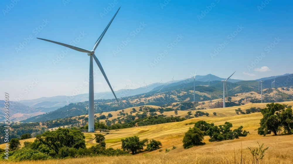 A field of wind turbines generating clean energy, with a clear blue sky and rolling hills in the background. A field of wind turbines generating clean energy, with a clear blue sky and rolling hills in the background.
