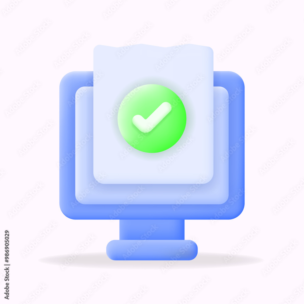 3d vector illustration Blue monitor icon with a document featuring a receipt green checkmark. Perfect for illustrating task completion, online verification, or approval processes in digital platforms 3d vector illustration Blue monitor icon with a document featuring a receipt green checkmark. Perfect for illustrating task completion, online verification, or approval processes in digital platforms