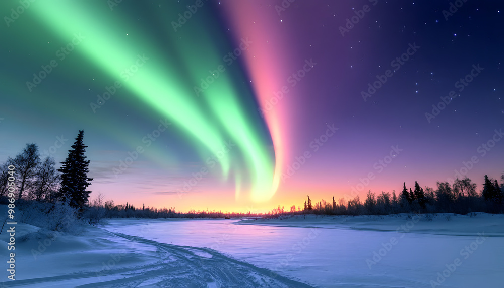 The Northern Lights illuminating the night sky with shades of green, pink, and purple over a snow-covered landscape The Northern Lights illuminating the night sky with shades of green, pink, and purple over a snow-covered landscape