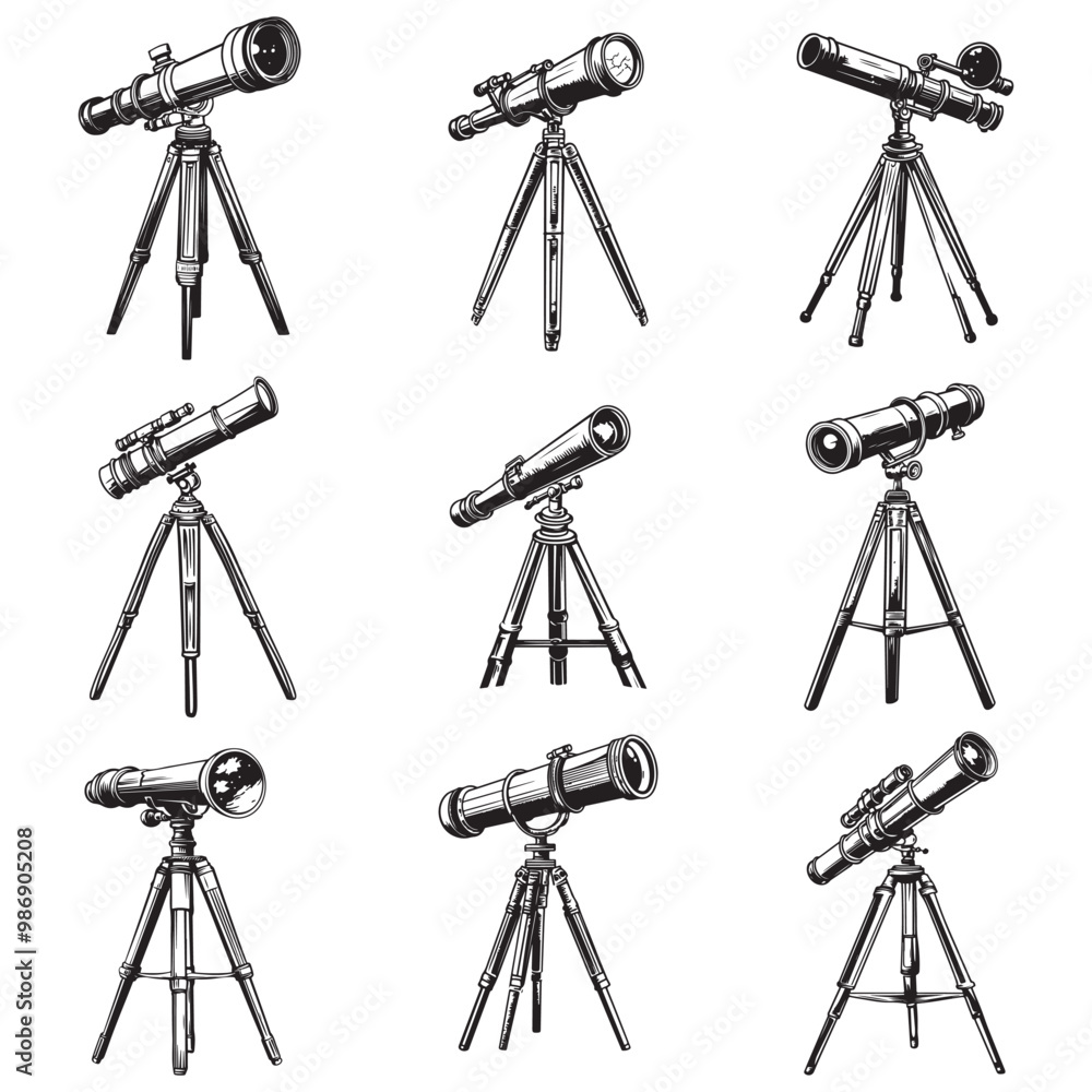 Telescope icon hand drawn vector design illustration, Telescope black silhouette illustration isolated on a white background Telescope icon hand drawn vector design illustration, Telescope black silhouette illustration isolated on a white background