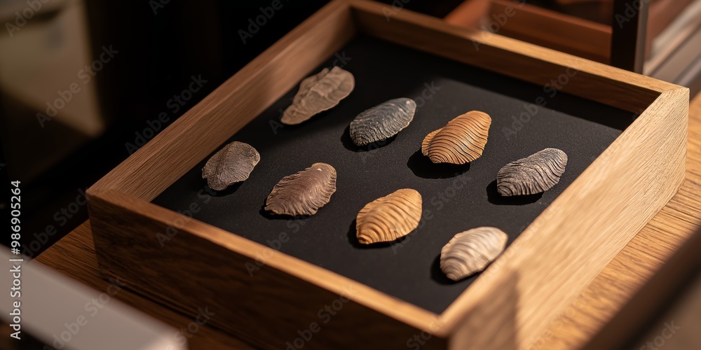 A collection of ancient fossils carefully displayed in a wooden case, representing archeological and historical value. A collection of ancient fossils carefully displayed in a wooden case, representing archeological and historical value.