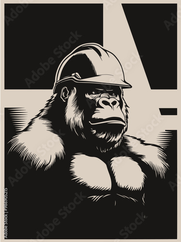 Monochrome illustration of a gorilla wearing a hard hat, combining strength and industrial themes. Ideal for logos, mascots, or urban graphic design projects.