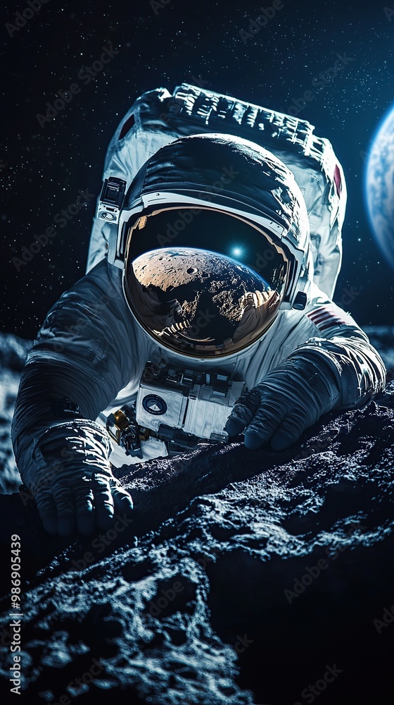Astronaut exploring the surface of a moon, with Earth reflected in their visor. Astronaut exploring the surface of a moon, with Earth reflected in their visor.