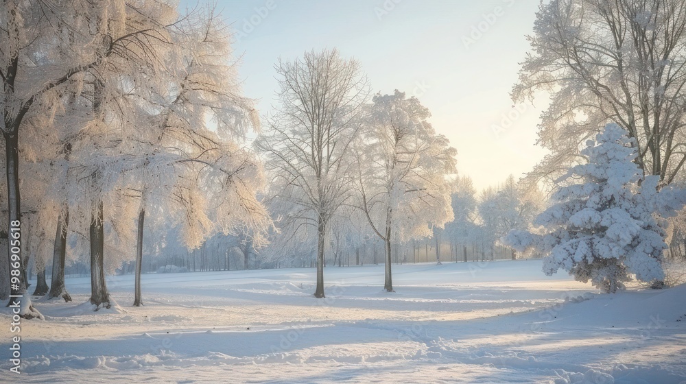 A frosty morning scene with trees covered in snow and frost, with soft sunlight filtering through. A frosty morning scene with trees covered in snow and frost, with soft sunlight filtering through.