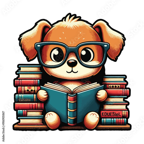 Dog reading illustration vector