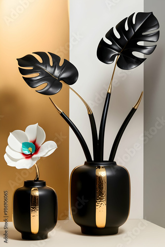 Artistic Vase with Gold Branches and Dark Leaves - Home Decor Wall Piece