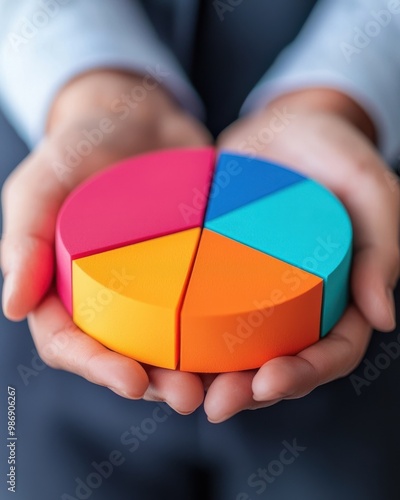 A close-up of hands holding a colorful pie chart, symbolizing data visualization and analysis for business insights. photo