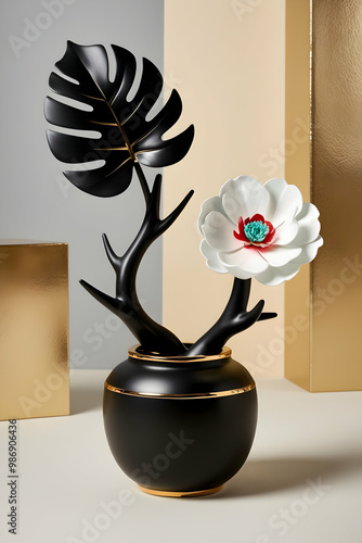 Modern Art Vase with Metallic Gold and Black Accents - Home Decor Wall Art