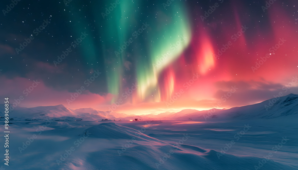 The Northern Lights illuminating the night sky with shades of green, pink, and purple over a snow-covered landscape The Northern Lights illuminating the night sky with shades of green, pink, and purple over a snow-covered landscape