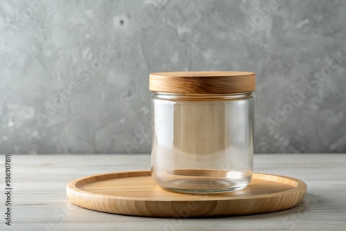 A glass jar with a wooden lid sits on a wooden tray