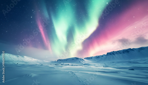 The Northern Lights illuminating the night sky with shades of green, pink, and purple over a snow-covered landscape