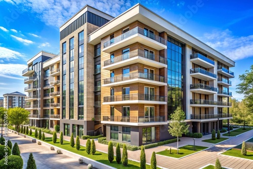 A large apartment building with a lot of windows and a green courtyard