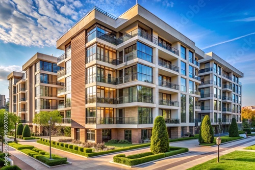 A large apartment building with a lot of windows and a green courtyard