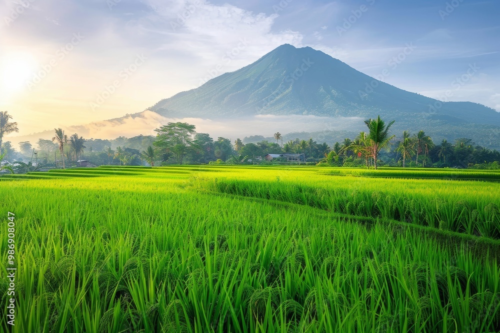 beautiful rice field and a mountain in the morning beautiful rice field and a mountain in the morning