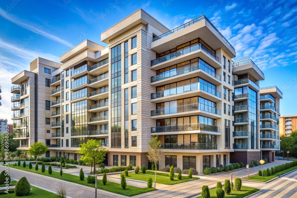 A large apartment building with a lot of windows and a green courtyard A large apartment building with a lot of windows and a green courtyard