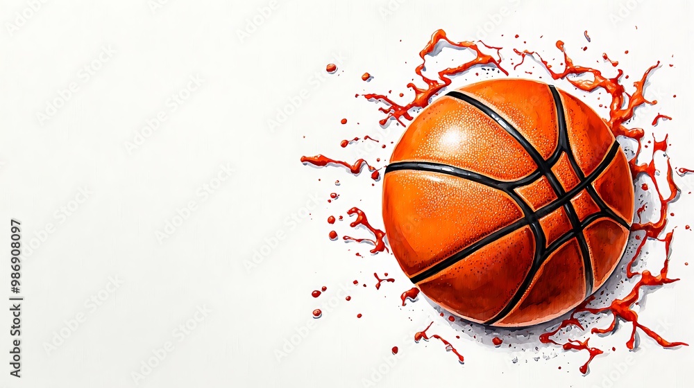 An orange basketball bursts with red paint against a crisp white canvas. An orange basketball bursts with red paint against a crisp white canvas.
