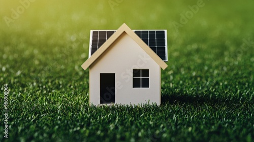 A miniature house with solar panels sits on vibrant green grass, symbolizing sustainable living and renewable energy, Eco and sustainable concept.