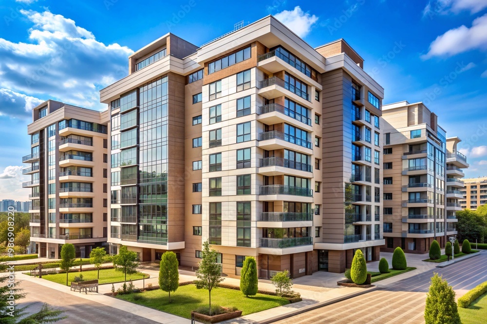 A large apartment building with a lot of windows and a green courtyard A large apartment building with a lot of windows and a green courtyard