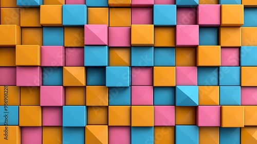 A colorful mosaic of geometric blocks forms an abstract masterpiece.