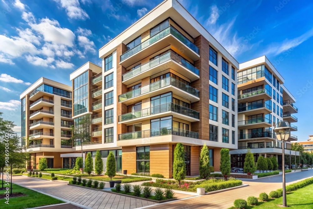 A large apartment building with a lot of windows and a green courtyard