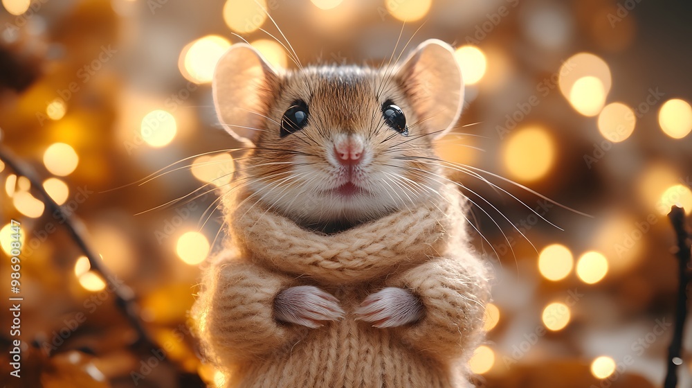 Cute Mouse Wearing a Knitted Sweater Against a Bokeh Background Cute Mouse Wearing a Knitted Sweater Against a Bokeh Background