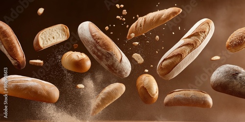 This image showcases various loaves of bread suspended in motion against a backdrop of warm brown, radiating freshness. photo