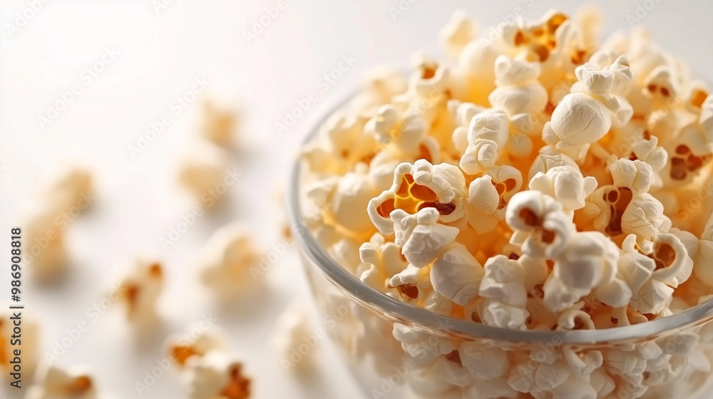 Fresh popcorn in a transparent bowl on a white background, with a few kernels scattered around, focusing on the texture and lightness of the product Fresh popcorn in a transparent bowl on a white background, with a few kernels scattered around, focusing on the texture and lightness of the product
