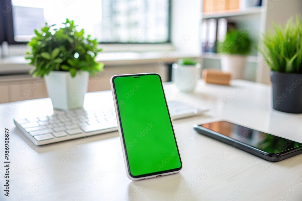 A green tablet sits on a table in front of a potted plant