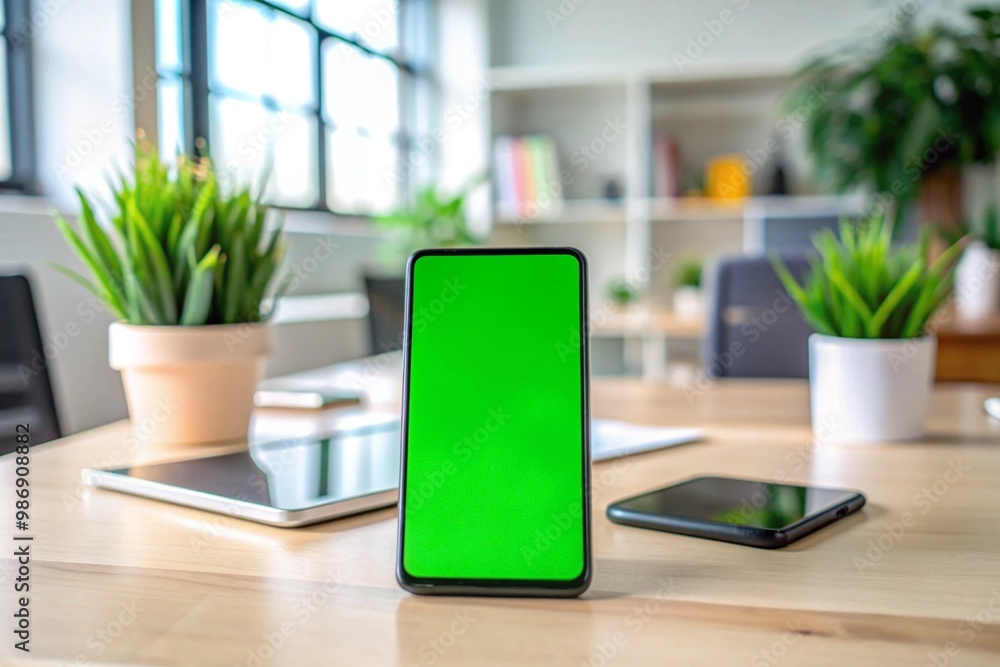 Fototapeta premium A green tablet sits on a table in front of a potted plant
