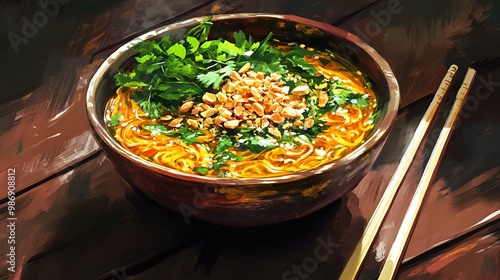 Artistic Illustration of Mi Quang Vietnamese Noodle Soup with Peanuts and Cilantro photo