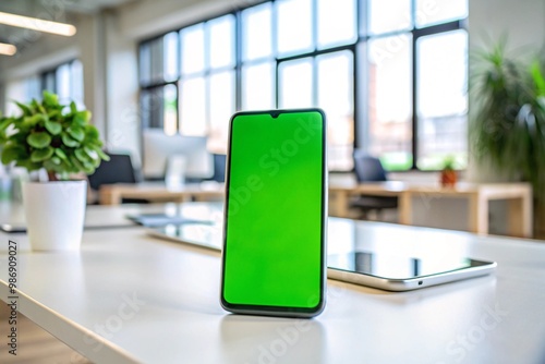 A green tablet sits on a table in front of a potted plant