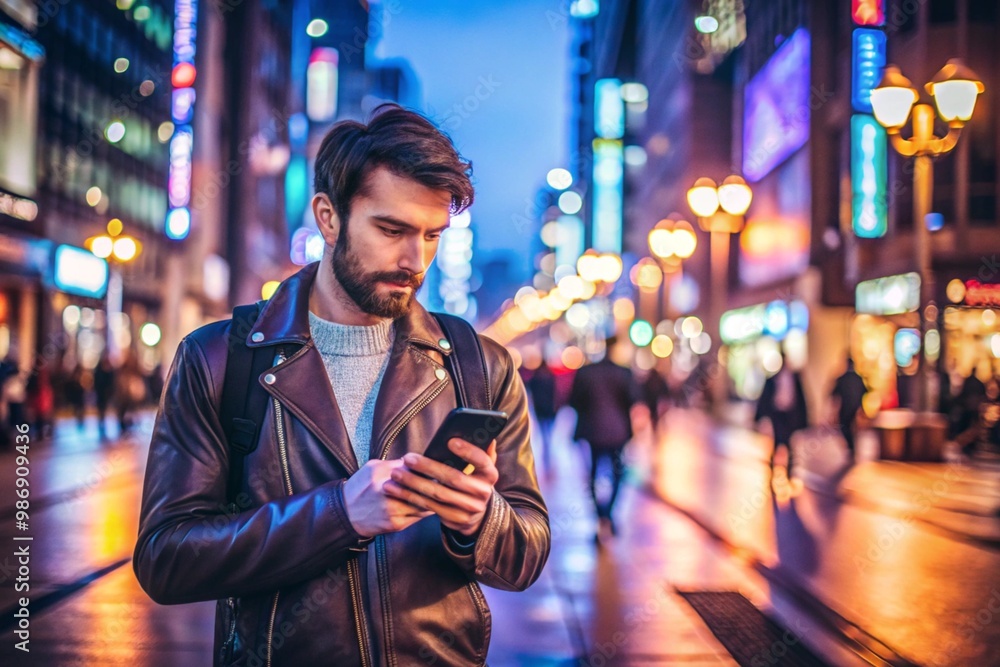 A man is walking down a city street while looking at his cell phone A man is walking down a city street while looking at his cell phone