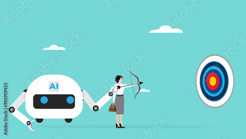 AI with future of the work, working with AI artificial intelligence, AI prompt engineer or robot assistance, technology helping success, AI robot that help a businesswoman pull arrows to aim at target
