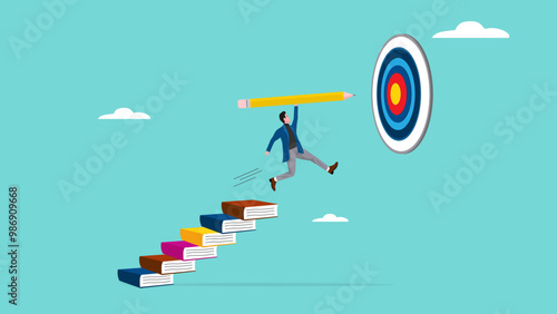 achieving education goals, strategies for achieving success with higher education, courses or skills development, Businesspeople create ladders from books to target educational goals with pencil