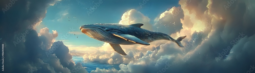Fototapeta premium Whale Flying Through Clouds with Birds