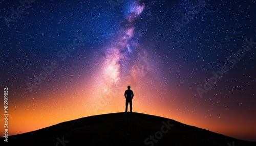 Silhouette of a person contemplating under a starry sky, evoking wonder and introspection.