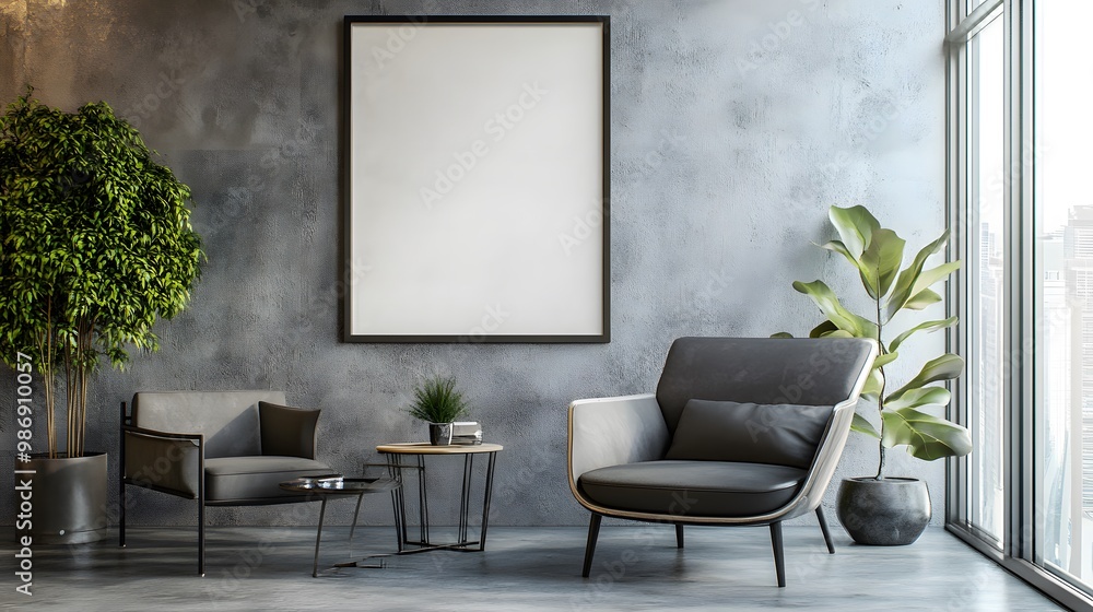 Empty poster frame in a modern office interior on a concrete wall, with natural light from windows. Empty poster frame in a modern office interior on a concrete wall, with natural light from windows.
