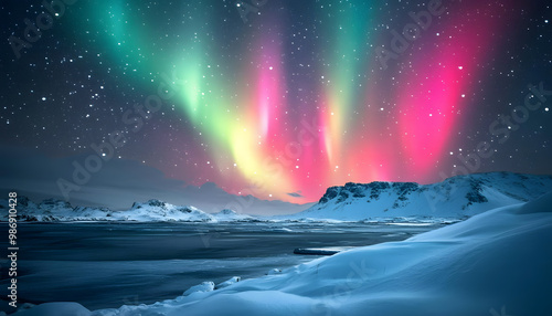 The Northern Lights illuminating the night sky with shades of green, pink, and purple over a snow-covered landscape