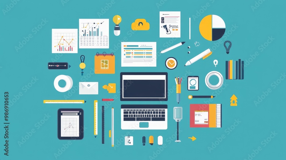Smart project management tools for remote teams, flat design, top view, tech productivity theme, animation, Split-complementary color scheme Smart project management tools for remote teams, flat design, top view, tech productivity theme, animation, Split-complementary color scheme