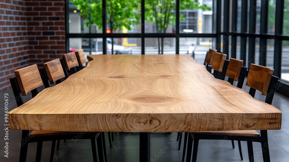 A rustic table with black metal legs anchors a chic modern interior. A rustic table with black metal legs anchors a chic modern interior.