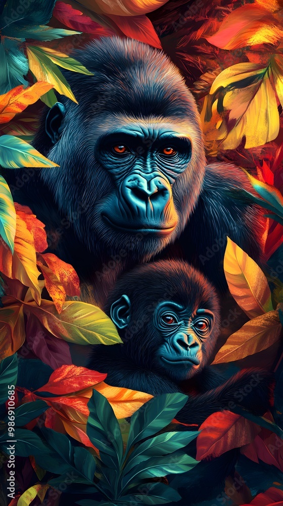 Gorilla and Baby in Tropical Leaves Gorilla and Baby in Tropical Leaves
