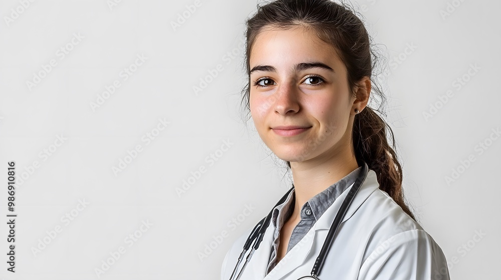 Female doctor portrait isolated on a white transparent background, featuring a young woman with a stethoscope. Female doctor portrait isolated on a white transparent background, featuring a young woman with a stethoscope.