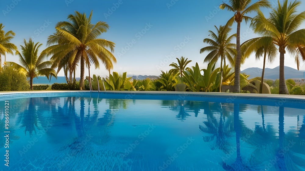 Beautiful Tropical Resort with a Crystal Blue Swimming Pool Surrounded by Palm Trees Under Clear Blue Sky Beautiful Tropical Resort with a Crystal Blue Swimming Pool Surrounded by Palm Trees Under Clear Blue Sky